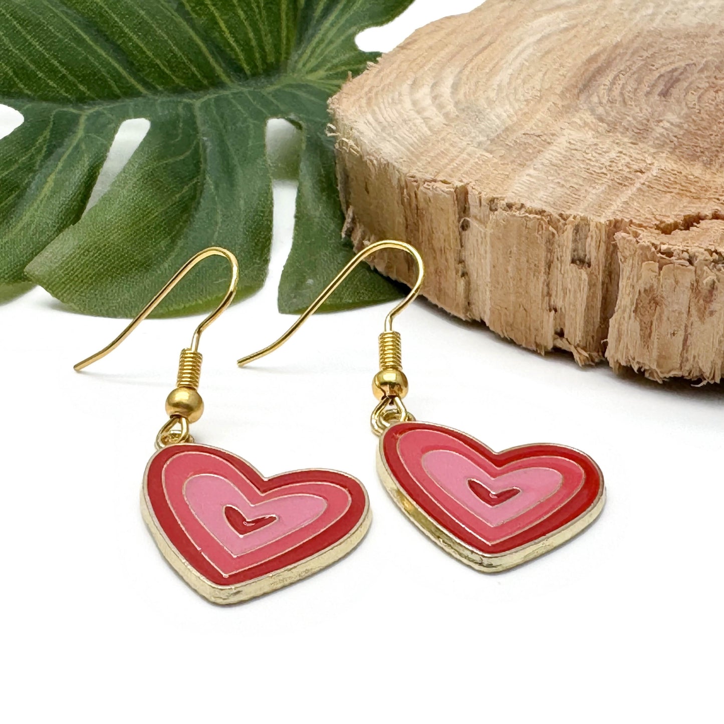 Love Heart Earrings, Pink and Red Enamel Charm Beads