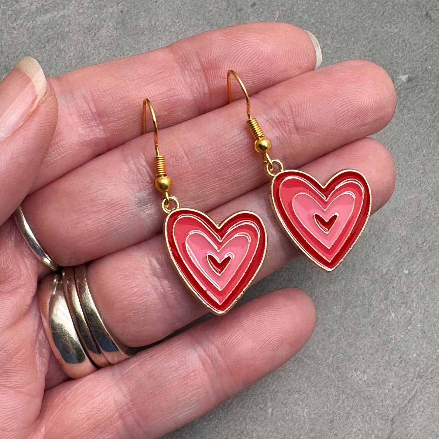 Love Heart Earrings, Pink and Red Enamel Charm Beads