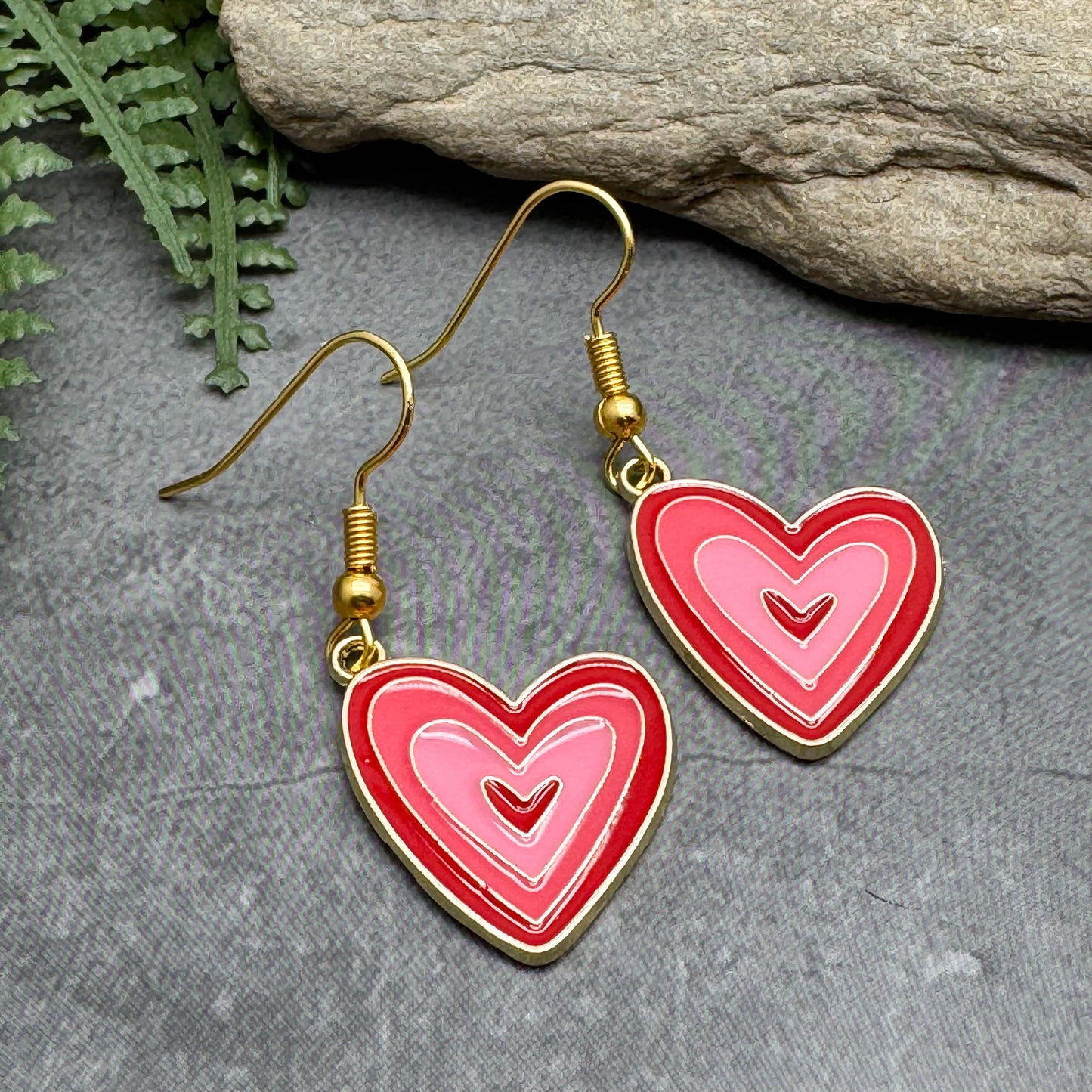 Love Heart Earrings, Pink and Red Enamel Charm Beads