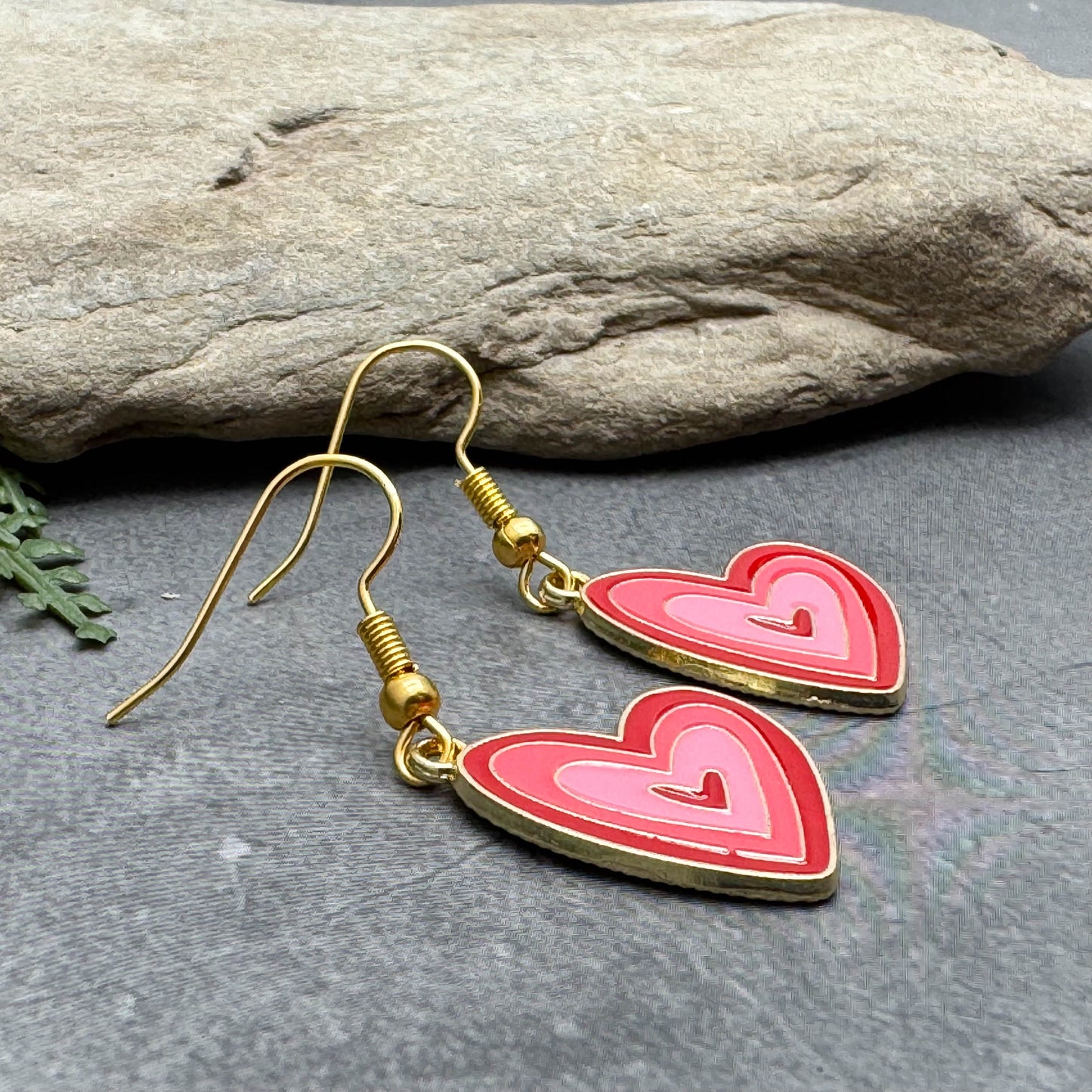 Love Heart Earrings, Pink and Red Enamel Charm Beads