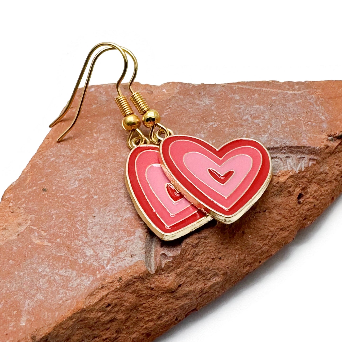 Love Heart Earrings, Pink and Red Enamel Charm Beads
