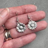 Sunflower Earrings, Shiny Silver Plated Floral Charm Beads