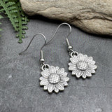 Sunflower Earrings, Shiny Silver Plated Floral Charm Beads