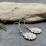 Sunflower Earrings, Shiny Silver Plated Floral Charm Beads