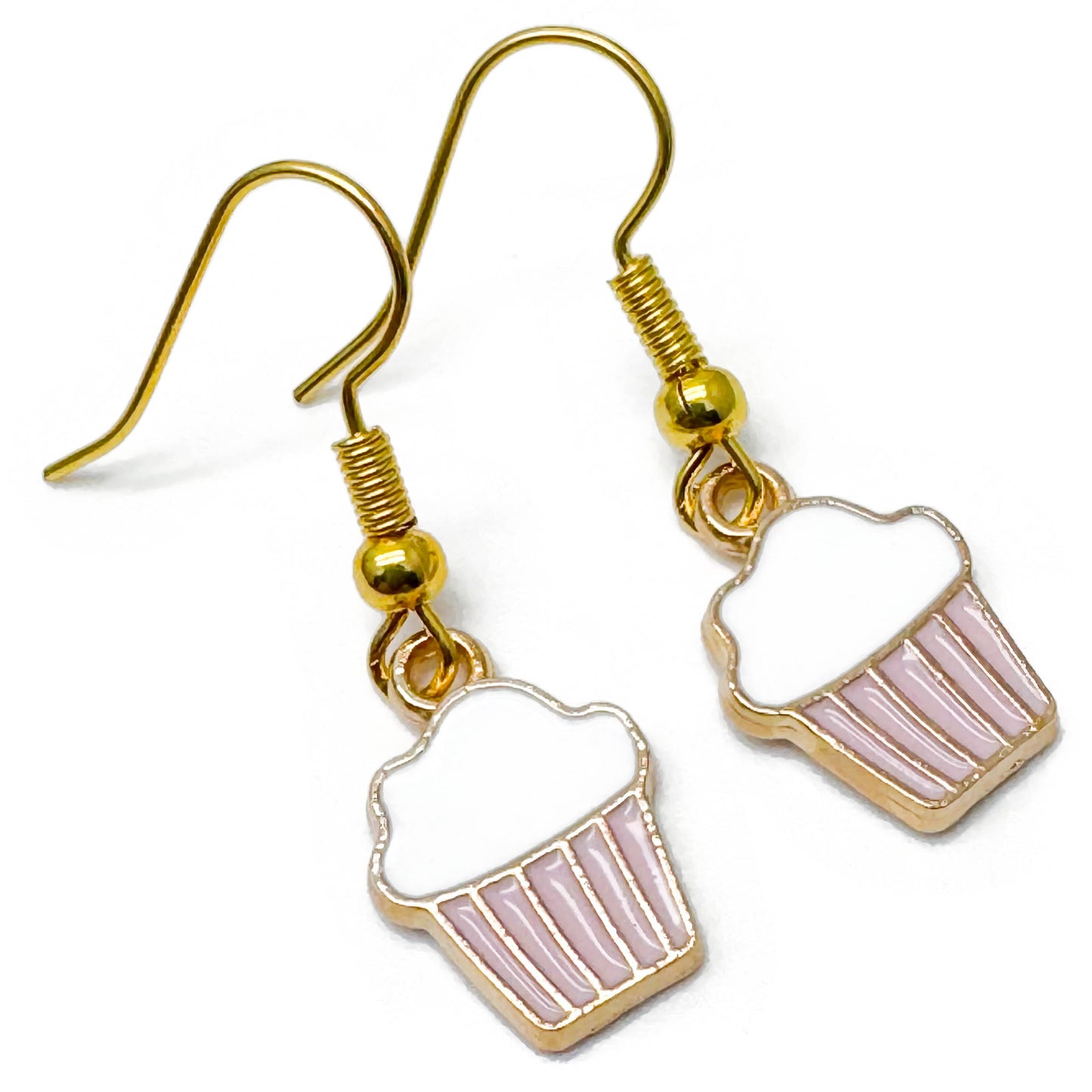 Cupcake Charm Earrings, Pink and White Cake Enamel Charm Beads