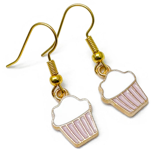 Cupcake Charm Earrings, Pink and White Cake Enamel Charm Beads