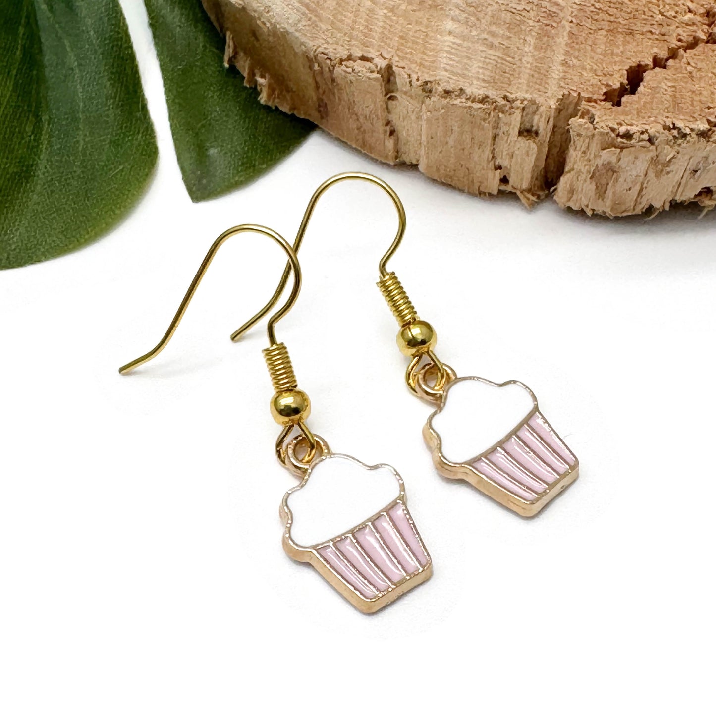 Cupcake Charm Earrings, Pink and White Cake Enamel Charm Beads