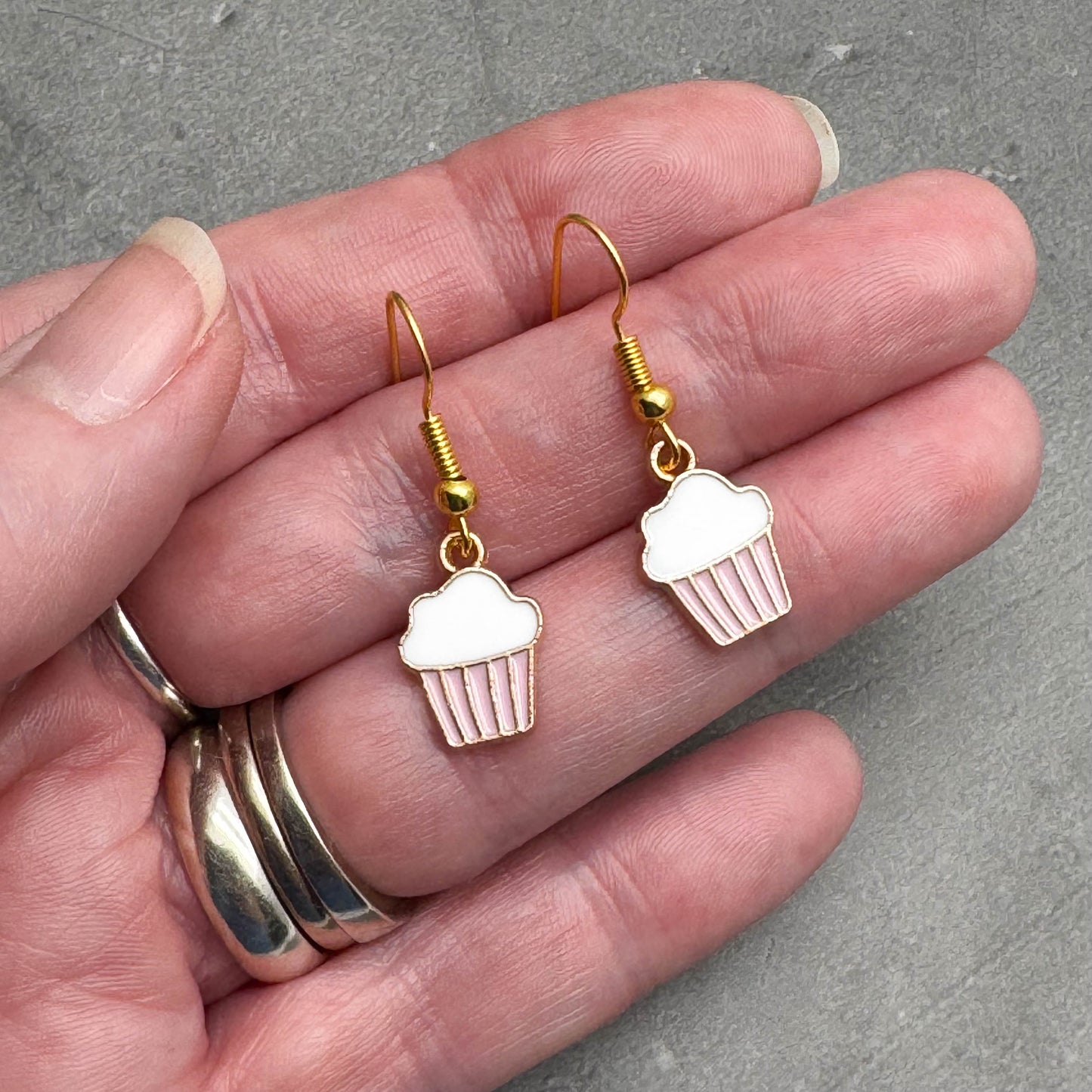 Cupcake Charm Earrings, Pink and White Cake Enamel Charm Beads