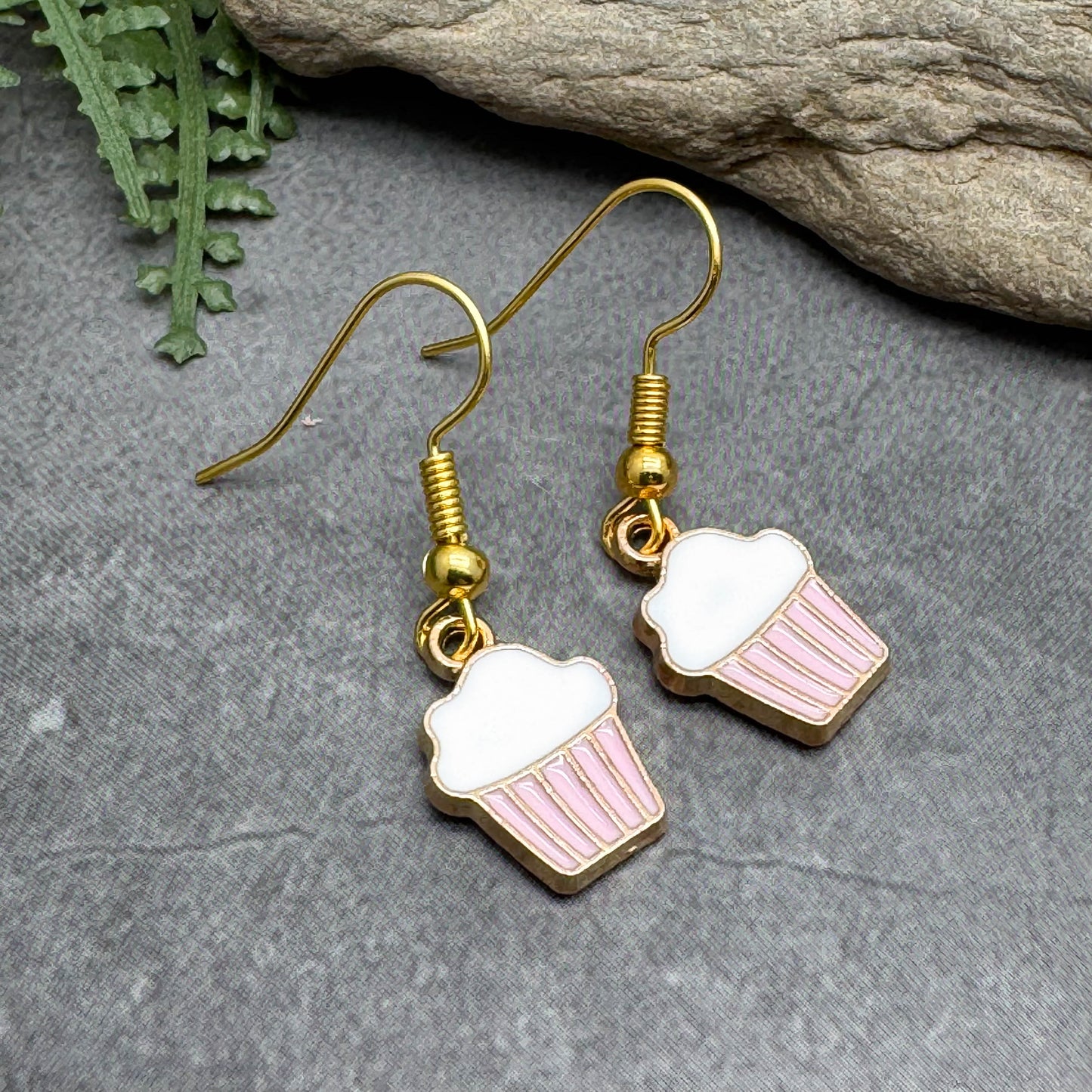 Cupcake Charm Earrings, Pink and White Cake Enamel Charm Beads