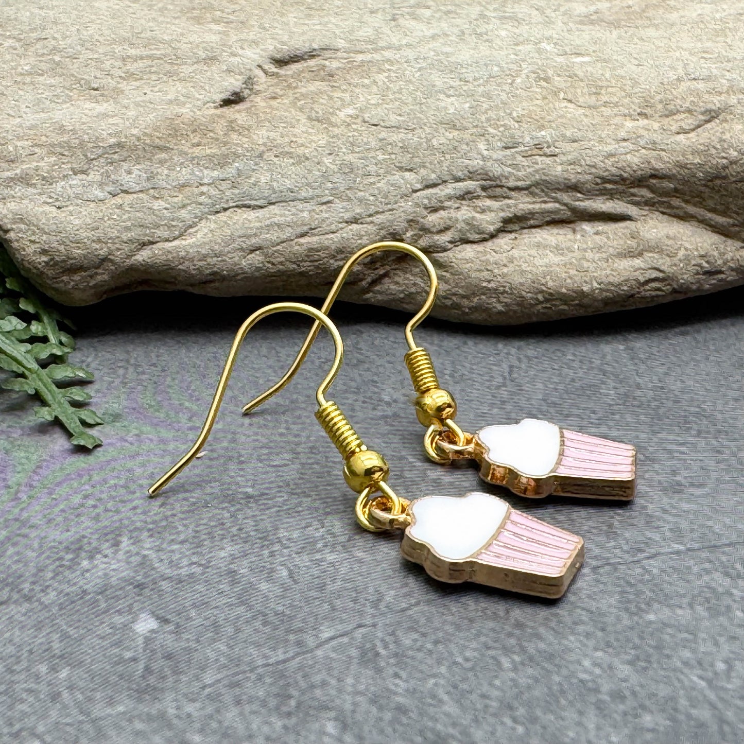 Cupcake Charm Earrings, Pink and White Cake Enamel Charm Beads