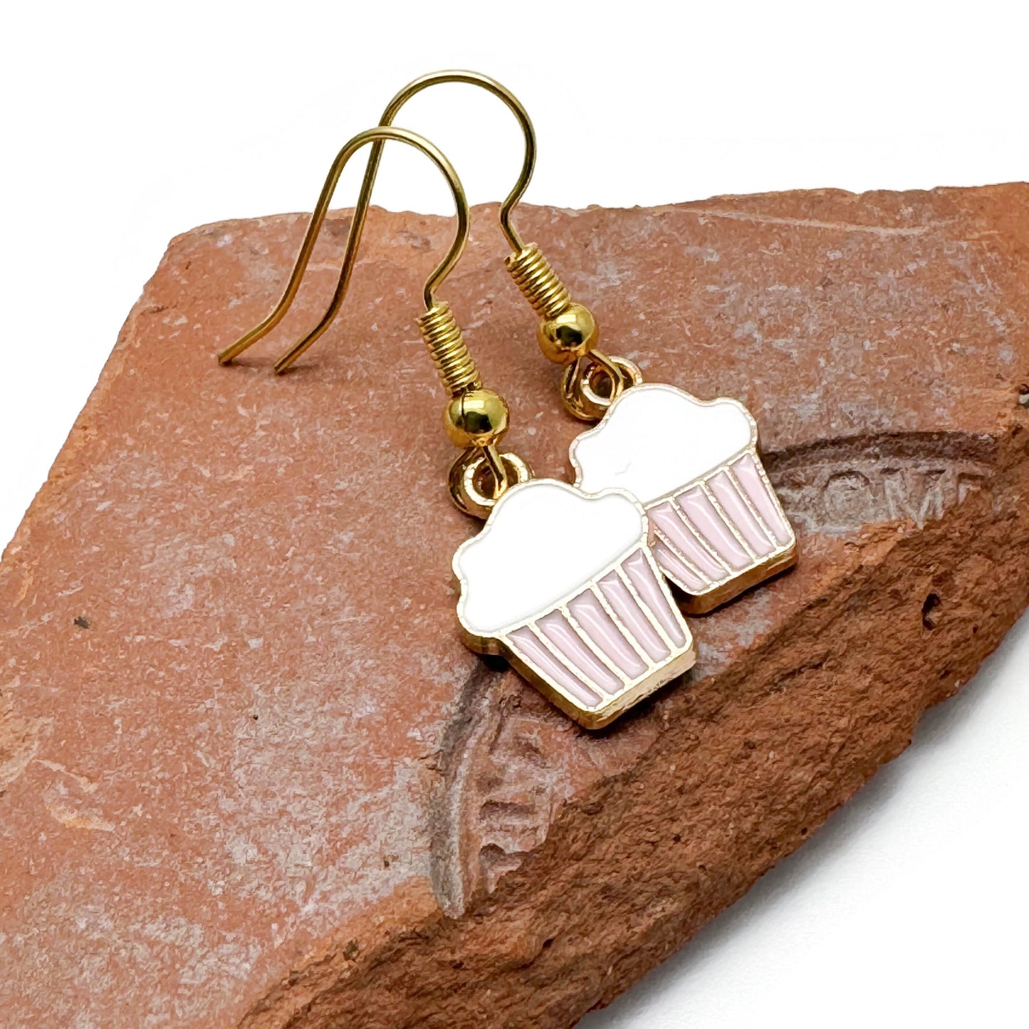 Cupcake Charm Earrings, Pink and White Cake Enamel Charm Beads