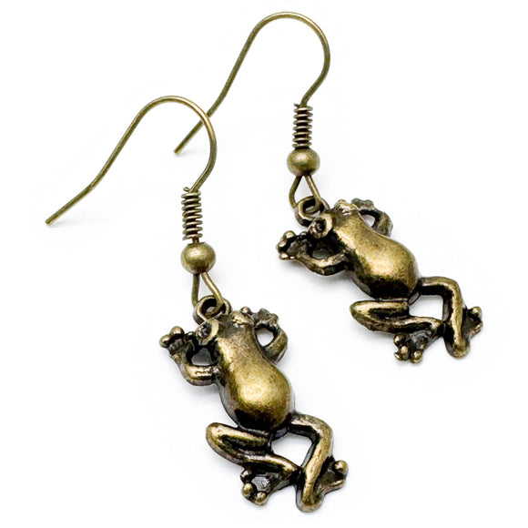 Frog Charm Earrings, Antique Bronze Tone Metal Beads