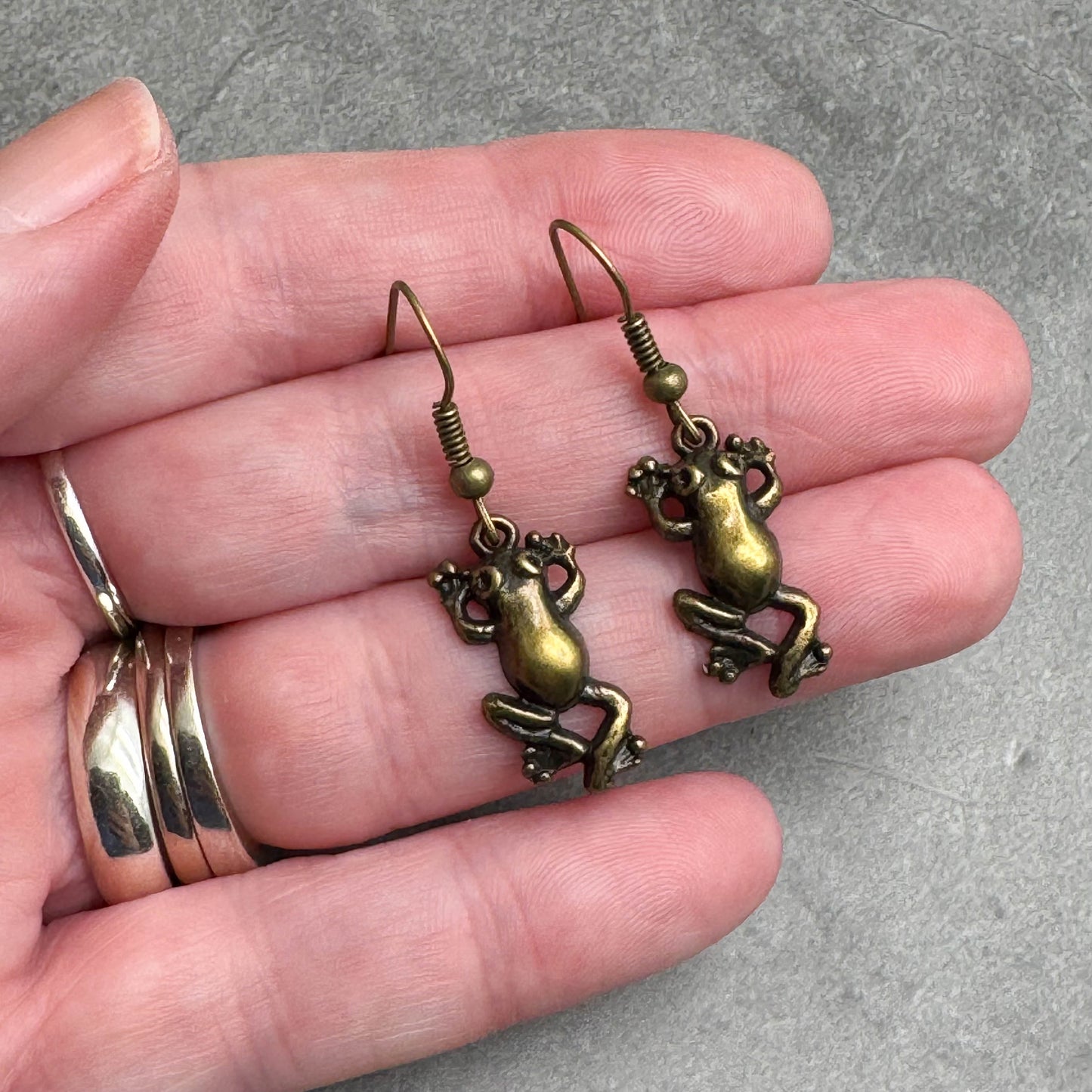 Frog Charm Earrings, Antique Bronze Tone Metal Beads