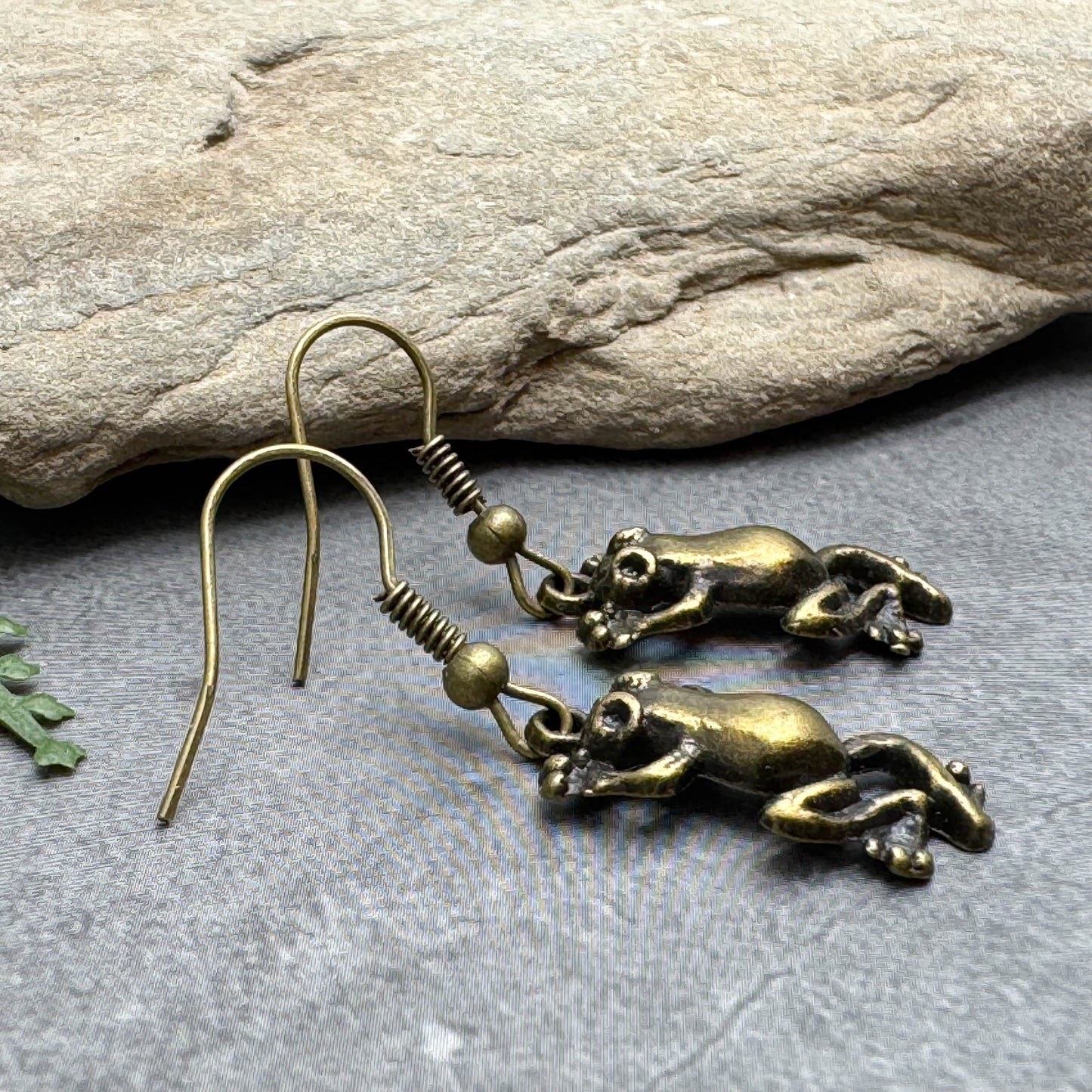 Frog Charm Earrings, Antique Bronze Tone Metal Beads