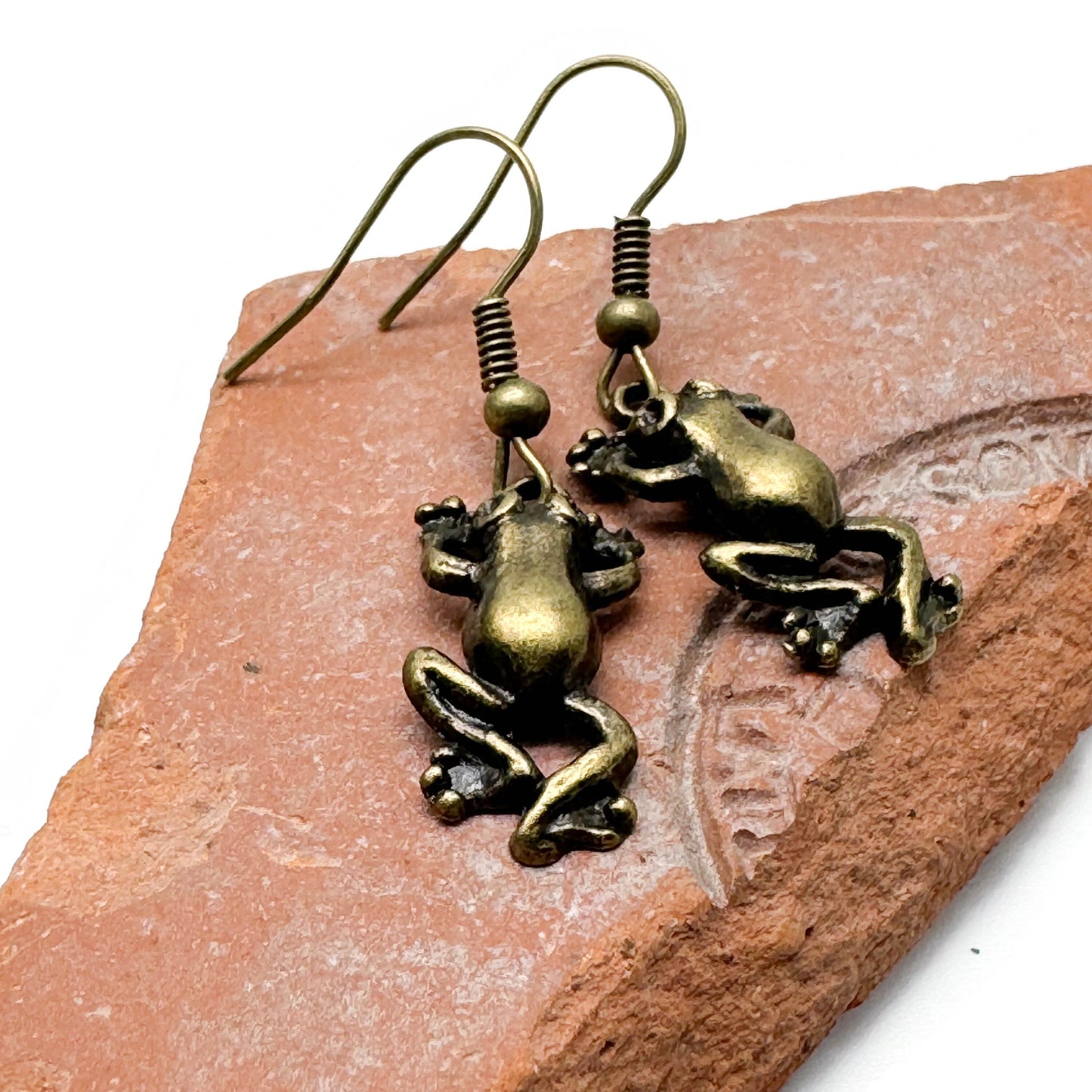Frog Charm Earrings, Antique Bronze Tone Metal Beads