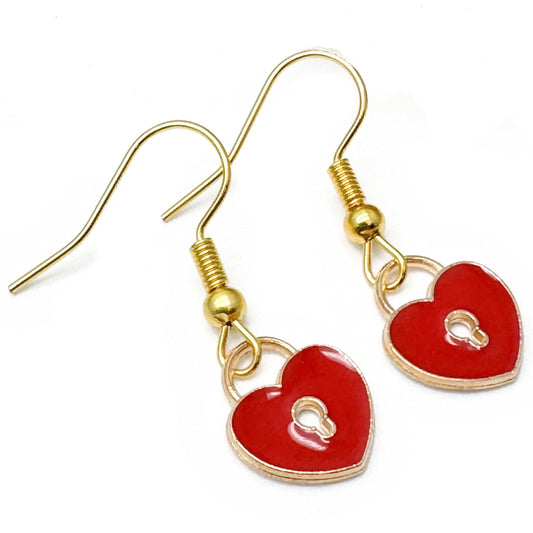 Padlock Charm Earrings, Red Heart Shaped Lock Charms