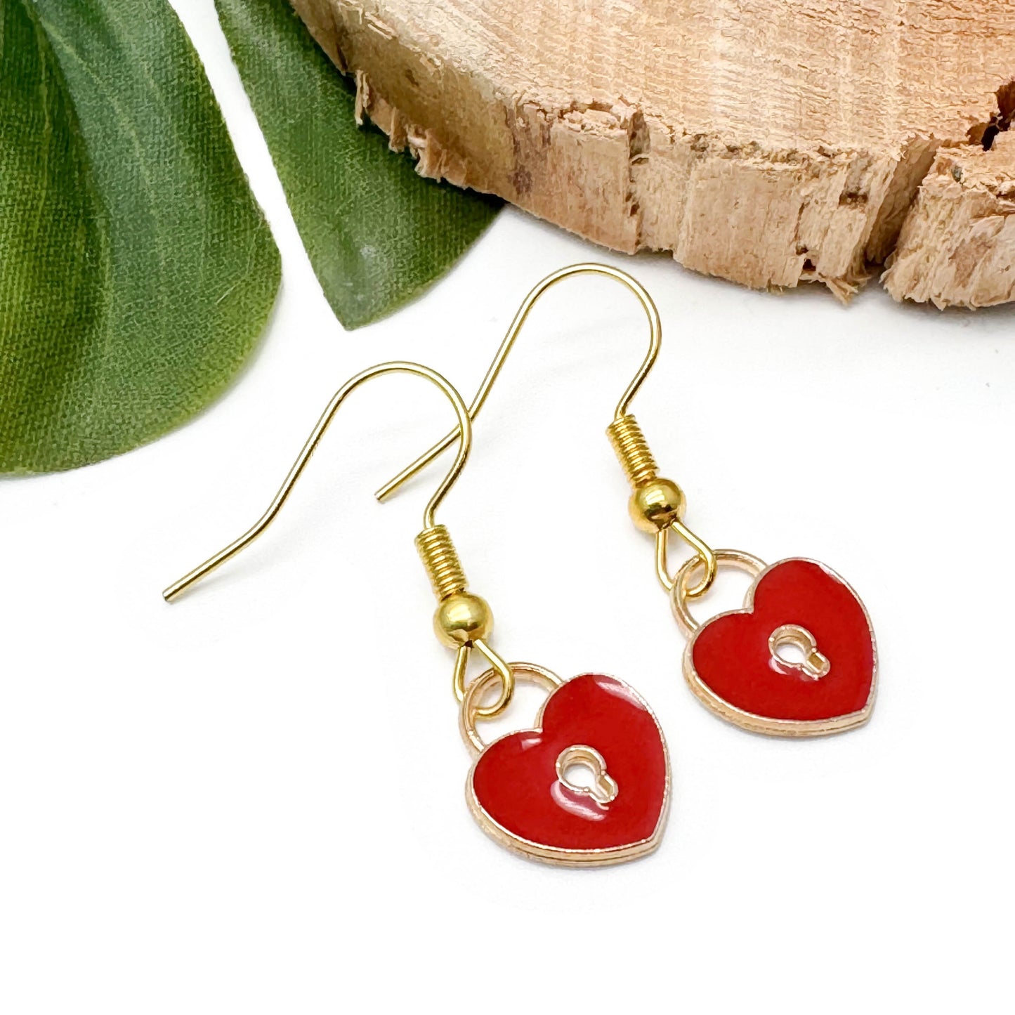 Padlock Charm Earrings, Red Heart Shaped Lock Charms