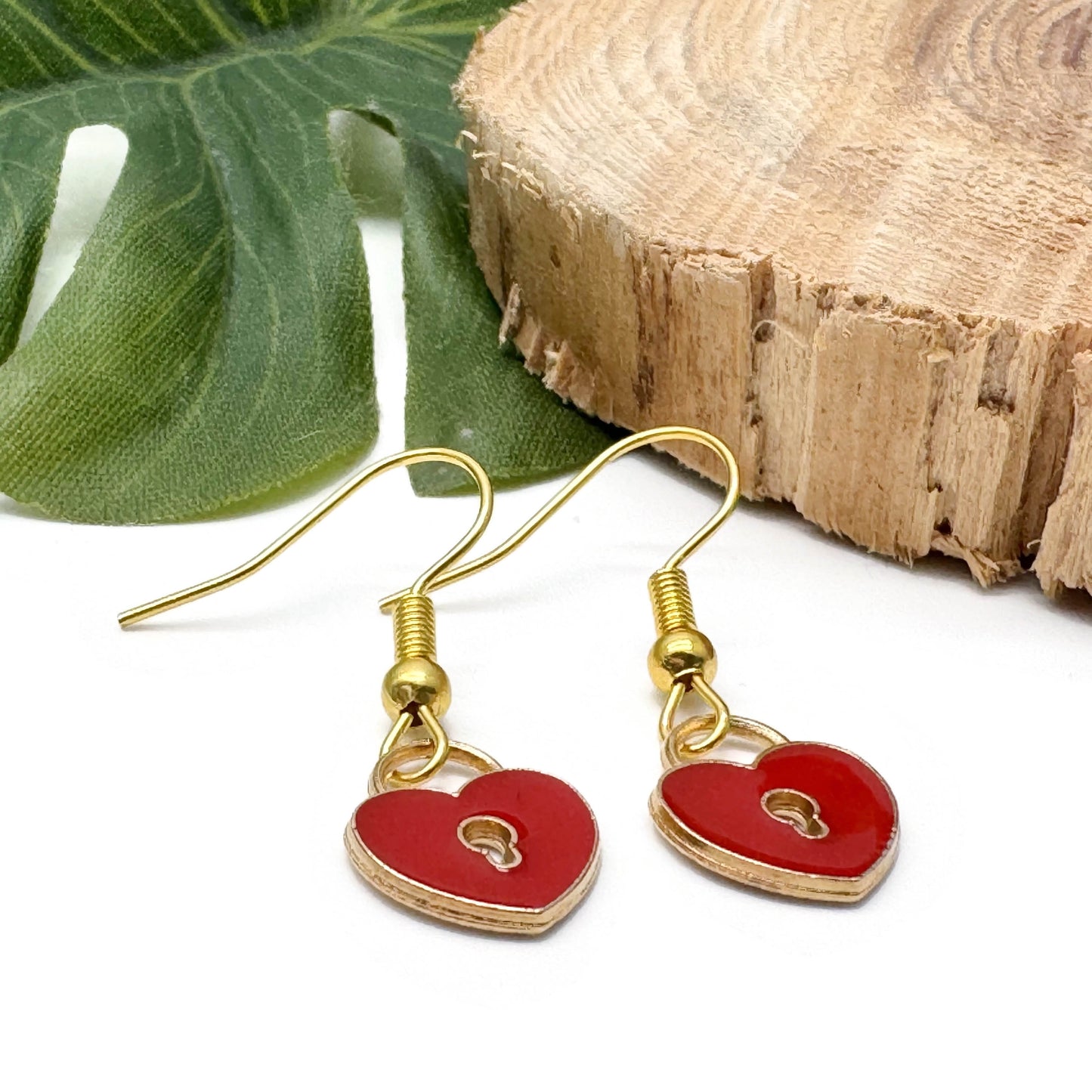 Padlock Charm Earrings, Red Heart Shaped Lock Charms