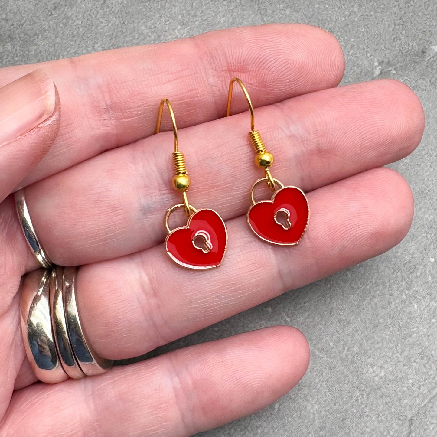 Padlock Charm Earrings, Red Heart Shaped Lock Charms