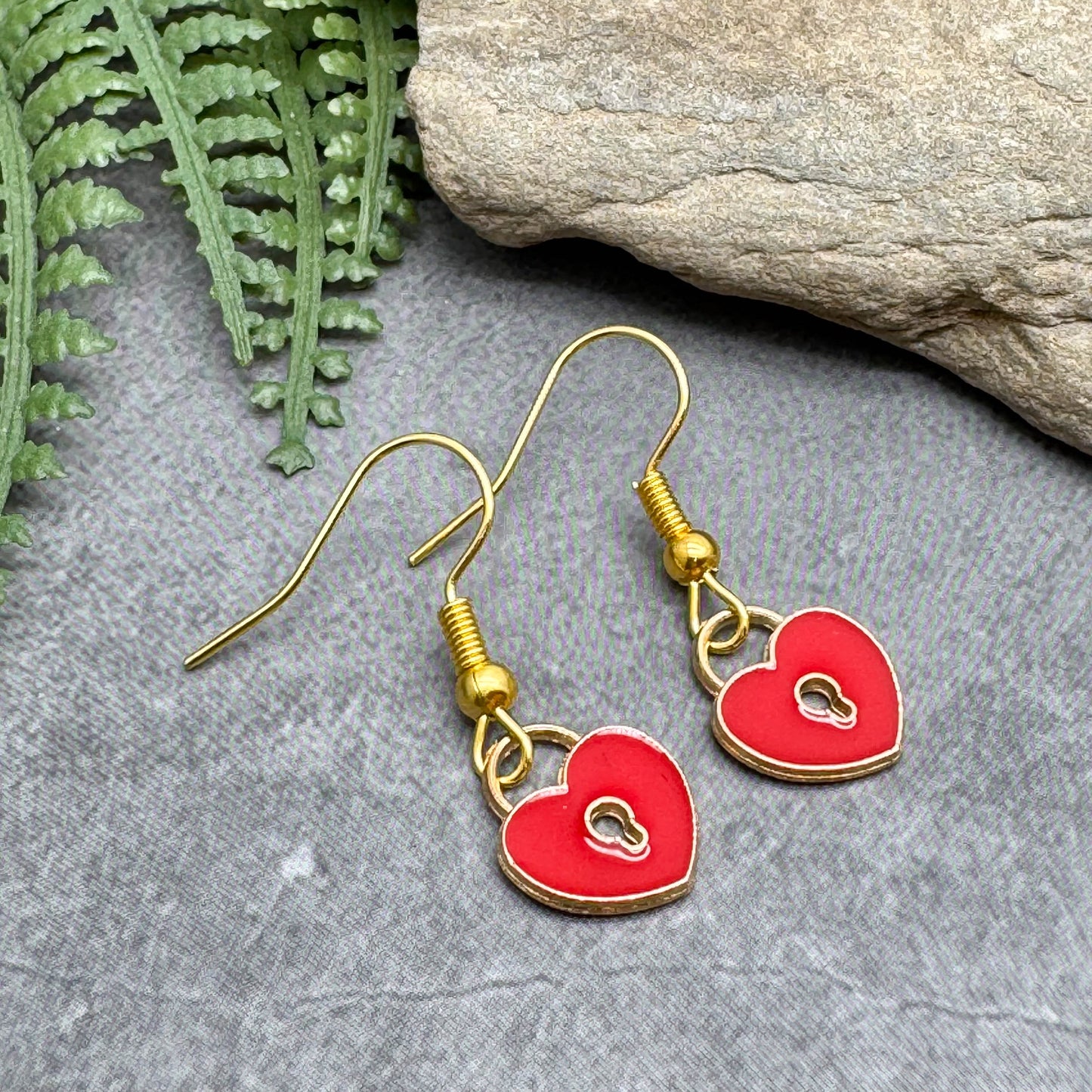 Padlock Charm Earrings, Red Heart Shaped Lock Charms