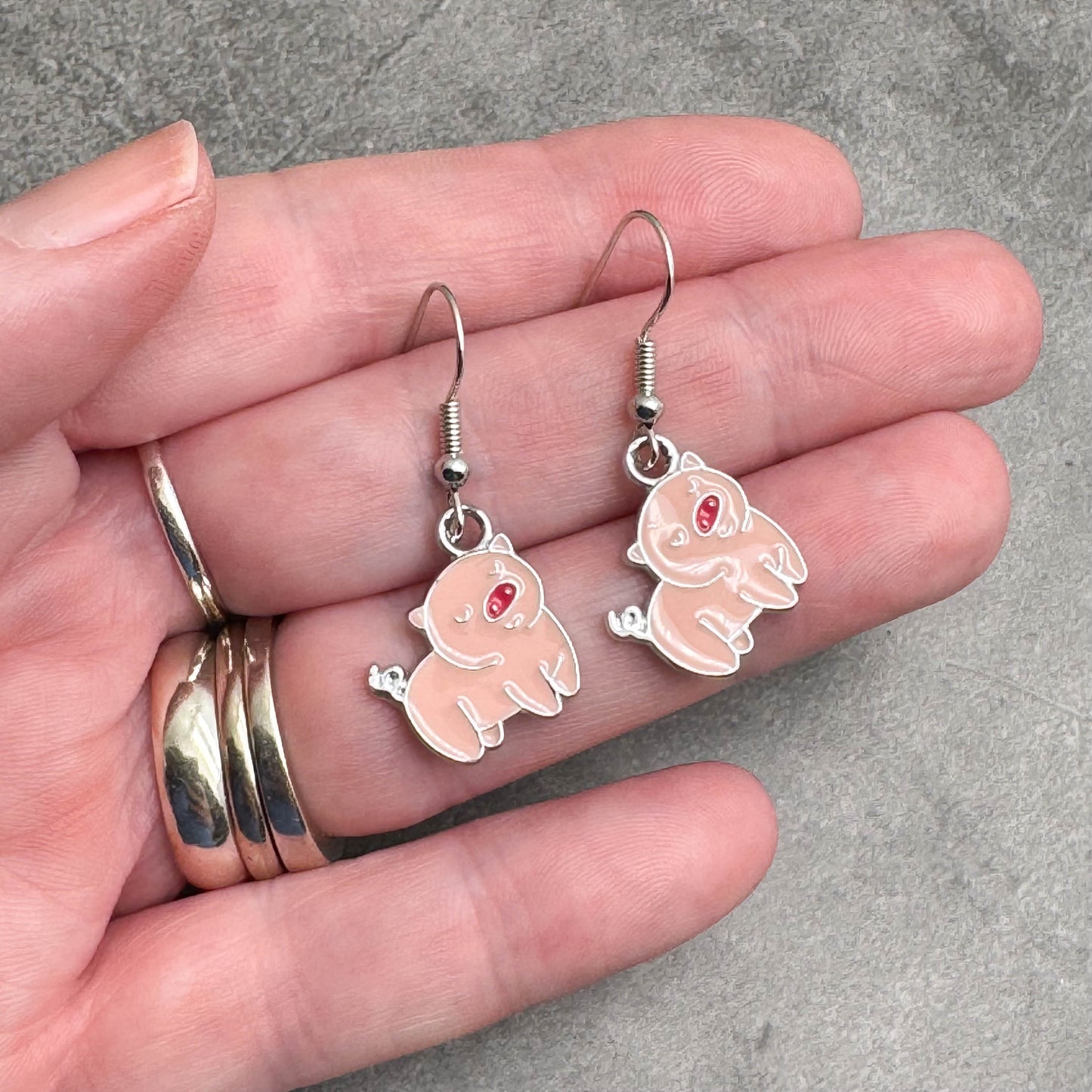 Pig Charm Earrings, Pink Enamel Animal Beads