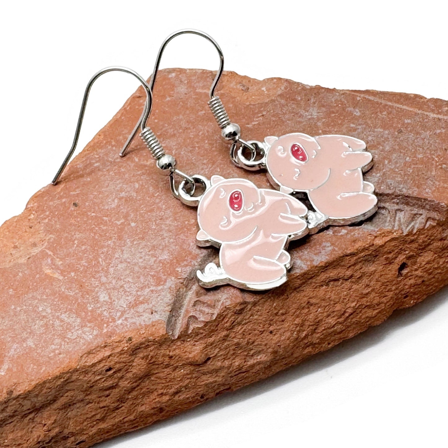 Pig Charm Earrings, Pink Enamel Animal Beads