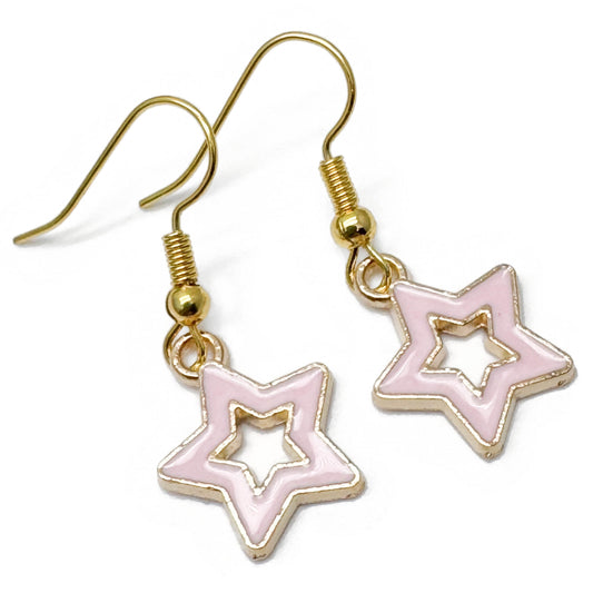 Pale Pink Star Earrings, Cute Hollow Enamel Charms