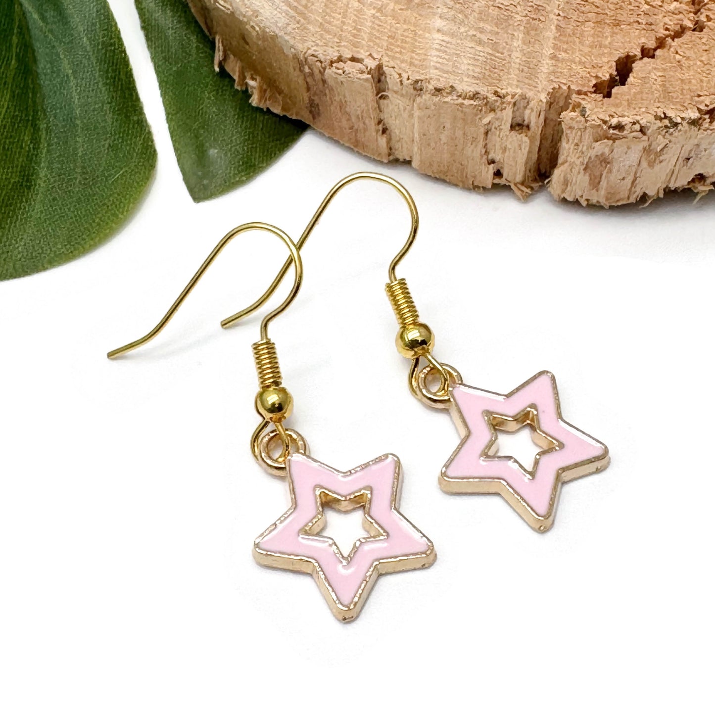 Pale Pink Star Earrings, Cute Hollow Enamel Charms