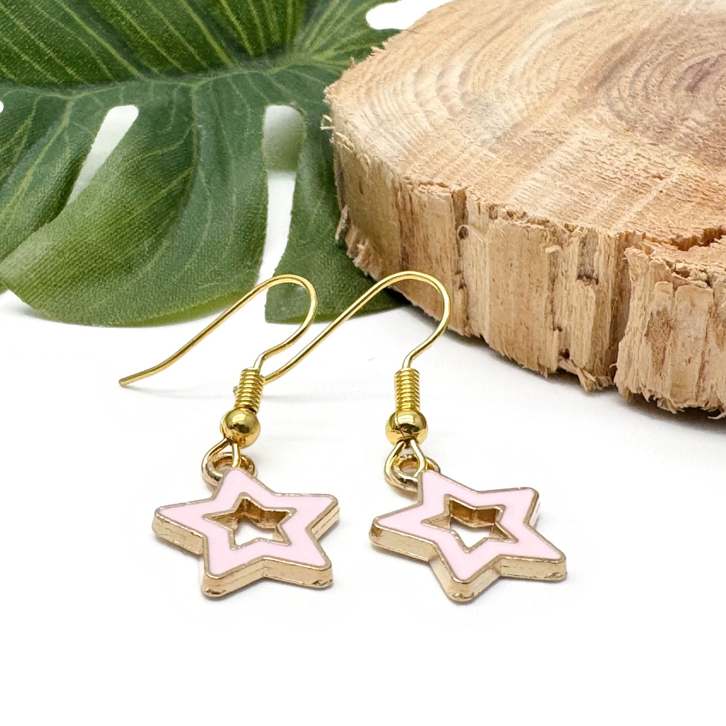 Pale Pink Star Earrings, Cute Hollow Enamel Charms
