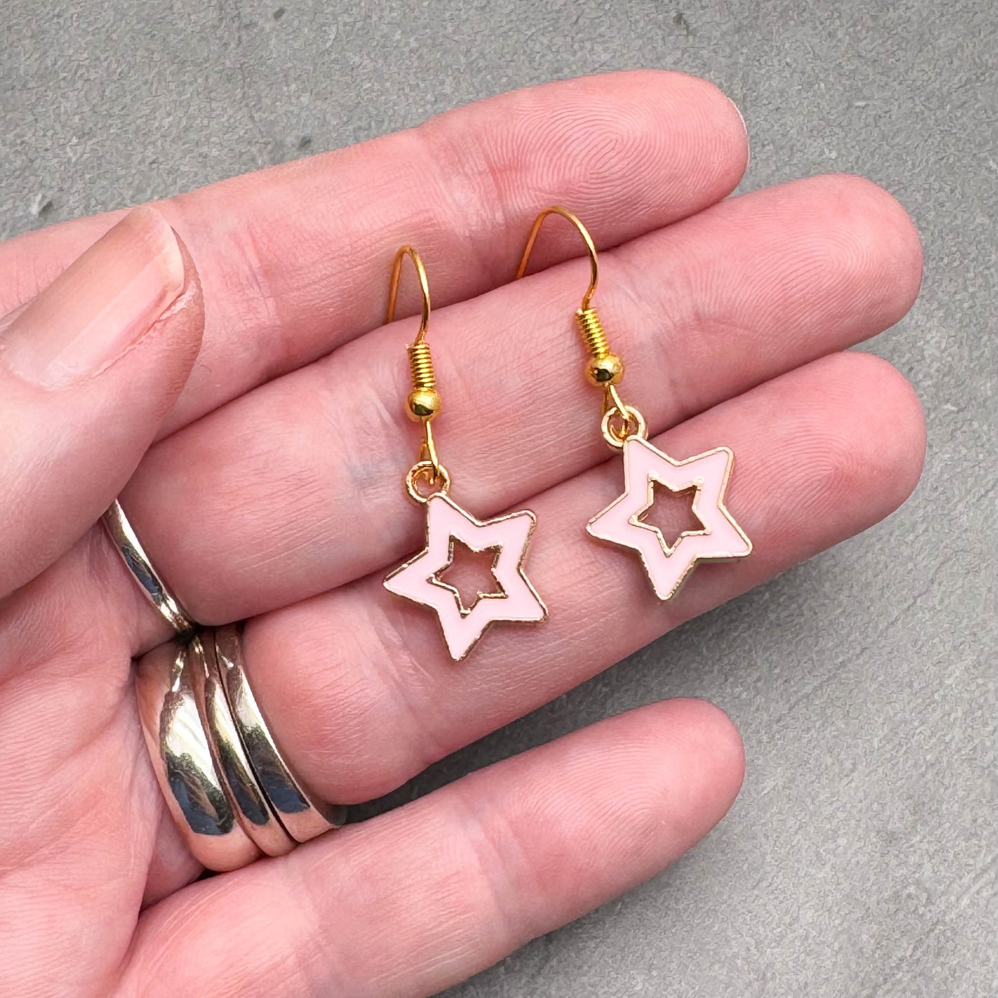 Pale Pink Star Earrings, Cute Hollow Enamel Charms