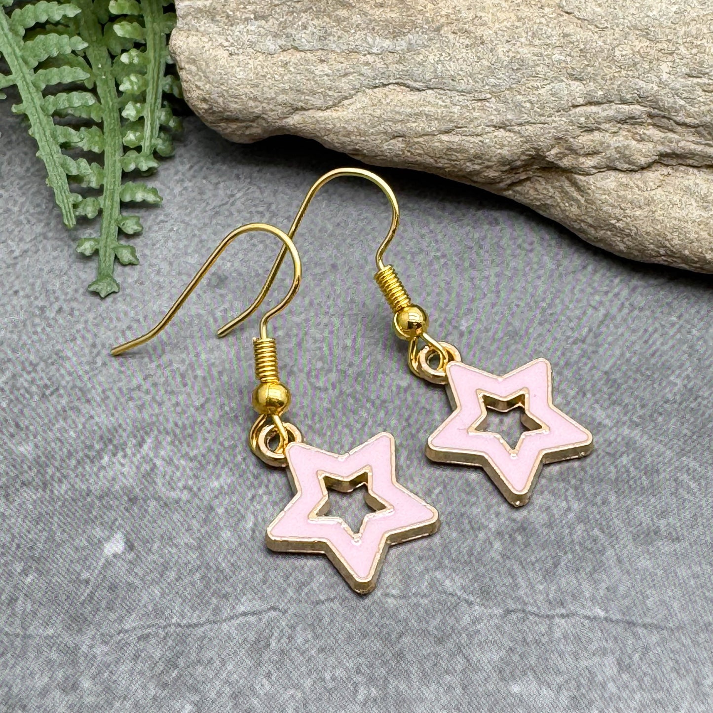 Pale Pink Star Earrings, Cute Hollow Enamel Charms