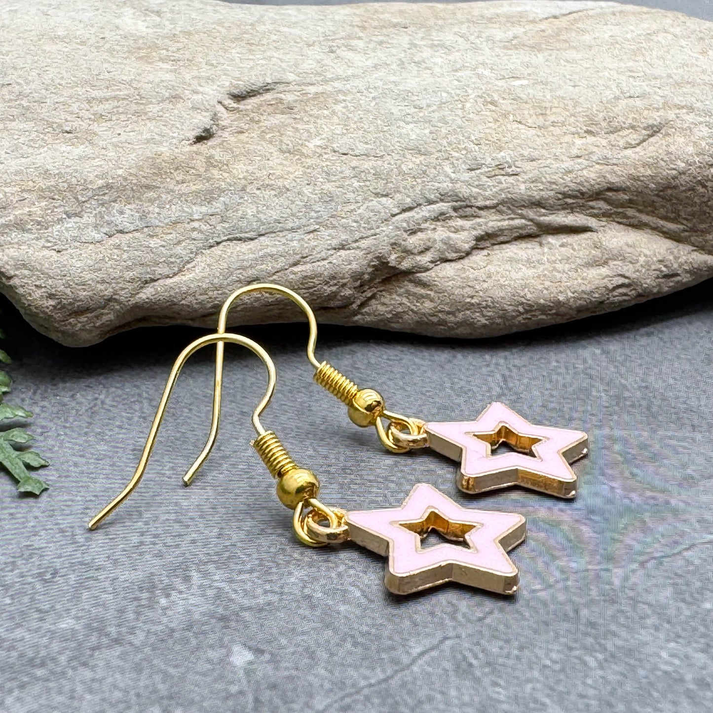 Pale Pink Star Earrings, Cute Hollow Enamel Charms