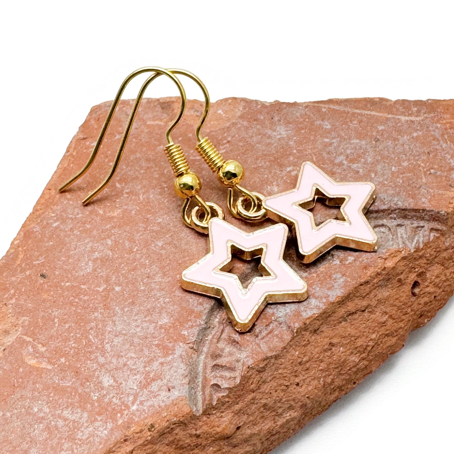 Pale Pink Star Earrings, Cute Hollow Enamel Charms