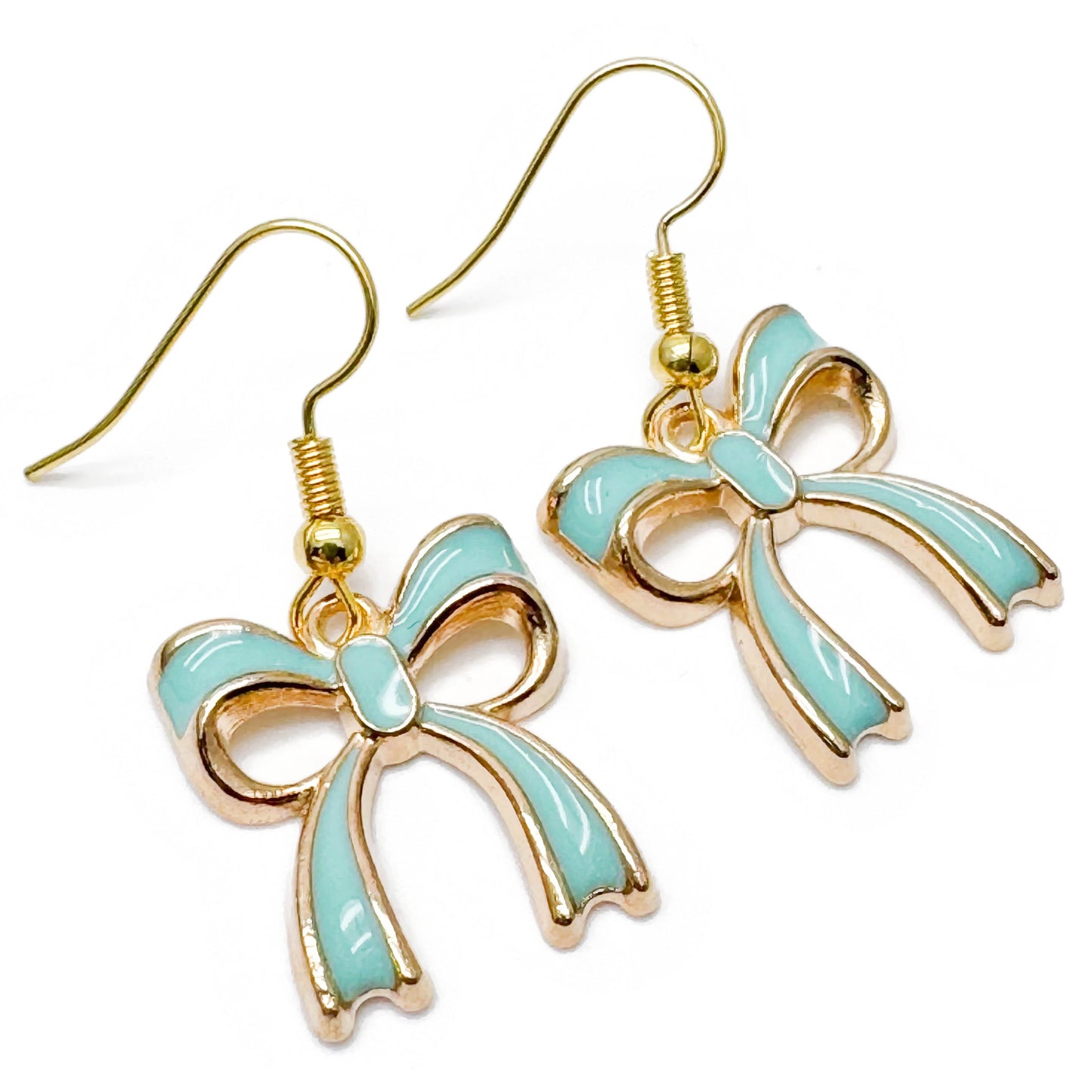 Green Bow Earrings Gold Plated Enamel Rosette Charms