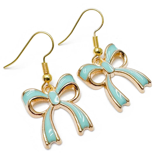 Green Bow Earrings Gold Plated Enamel Rosette Charms