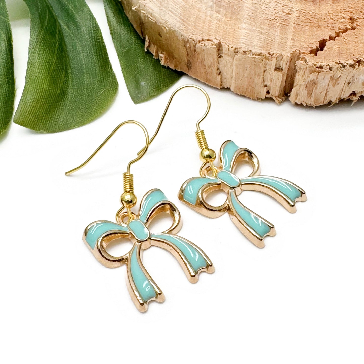 Green Bow Earrings Gold Plated Enamel Rosette Charms