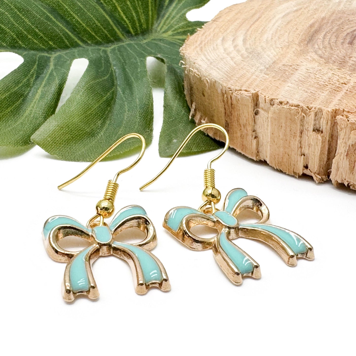 Green Bow Earrings Gold Plated Enamel Rosette Charms