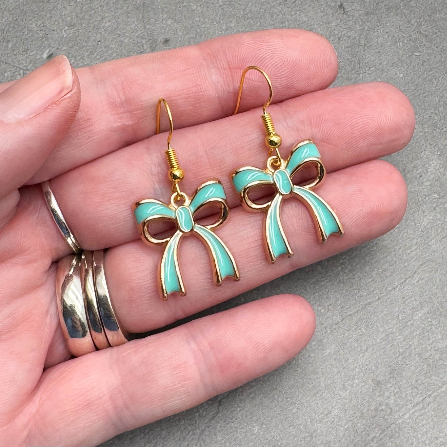 Green Bow Earrings Gold Plated Enamel Rosette Charms