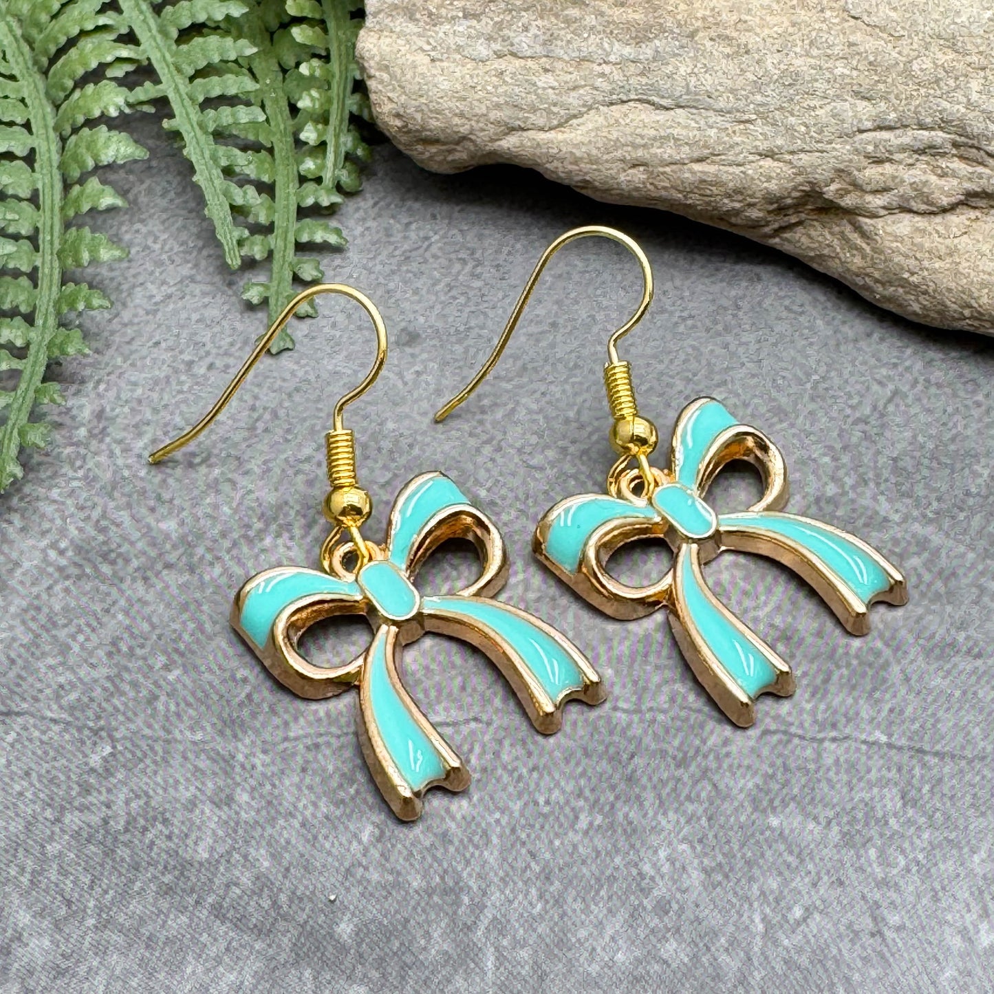 Green Bow Earrings Gold Plated Enamel Rosette Charms