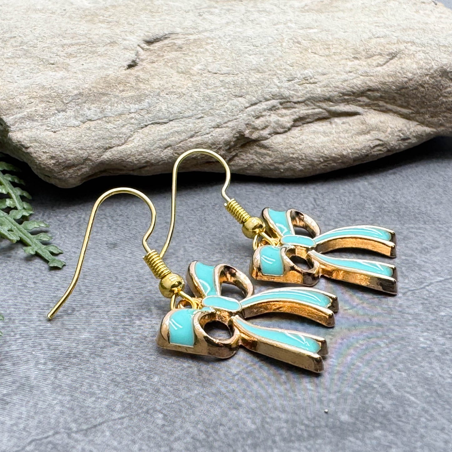 Green Bow Earrings Gold Plated Enamel Rosette Charms