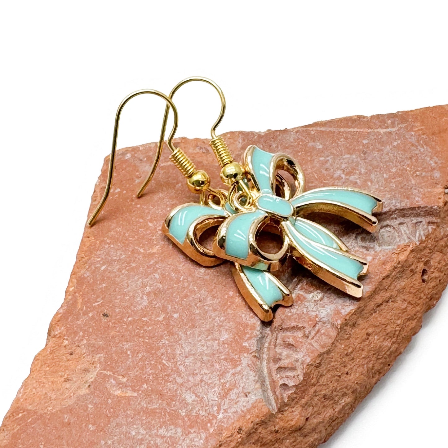 Green Bow Earrings Gold Plated Enamel Rosette Charms