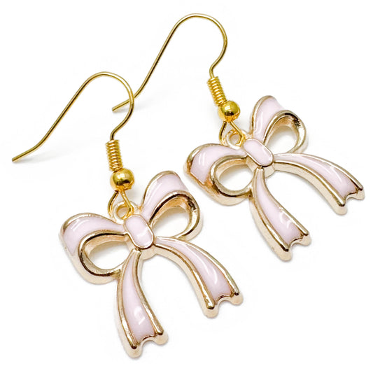 Baby Pink Bow Earrings Gold Plated Enamel Rosette Charms