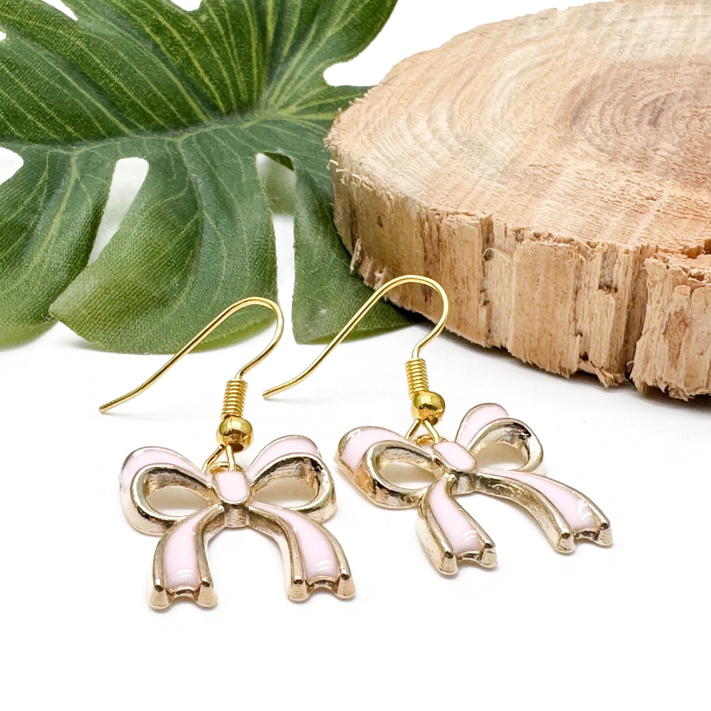 Baby Pink Bow Earrings Gold Plated Enamel Rosette Charms