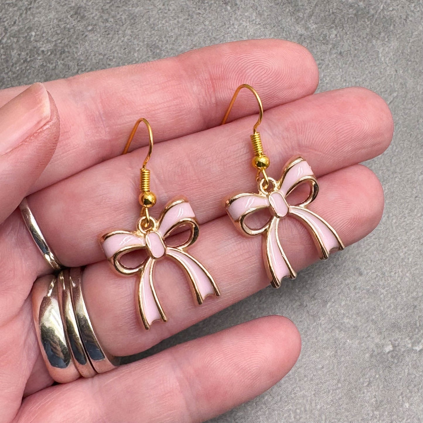 Baby Pink Bow Earrings Gold Plated Enamel Rosette Charms