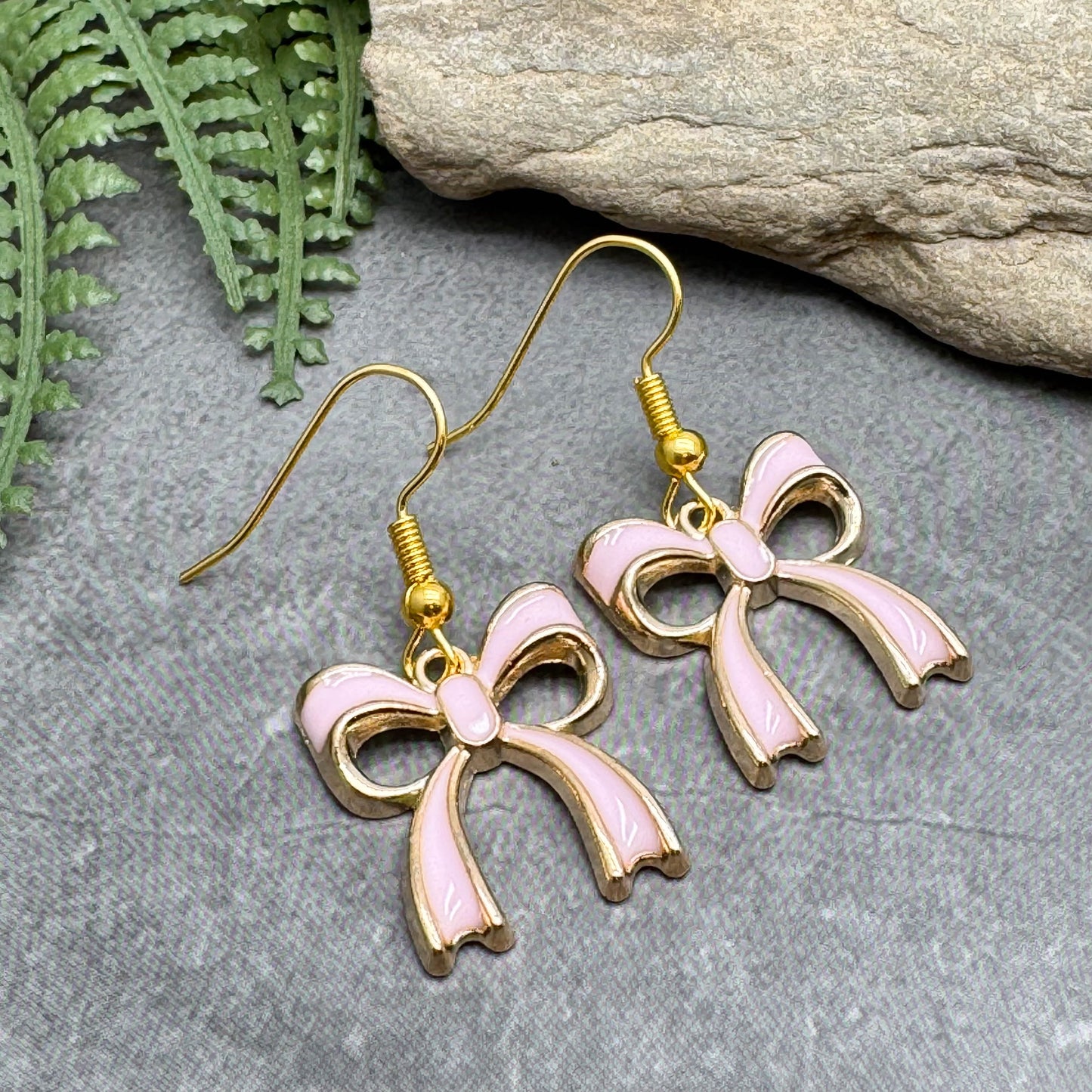 Baby Pink Bow Earrings Gold Plated Enamel Rosette Charms