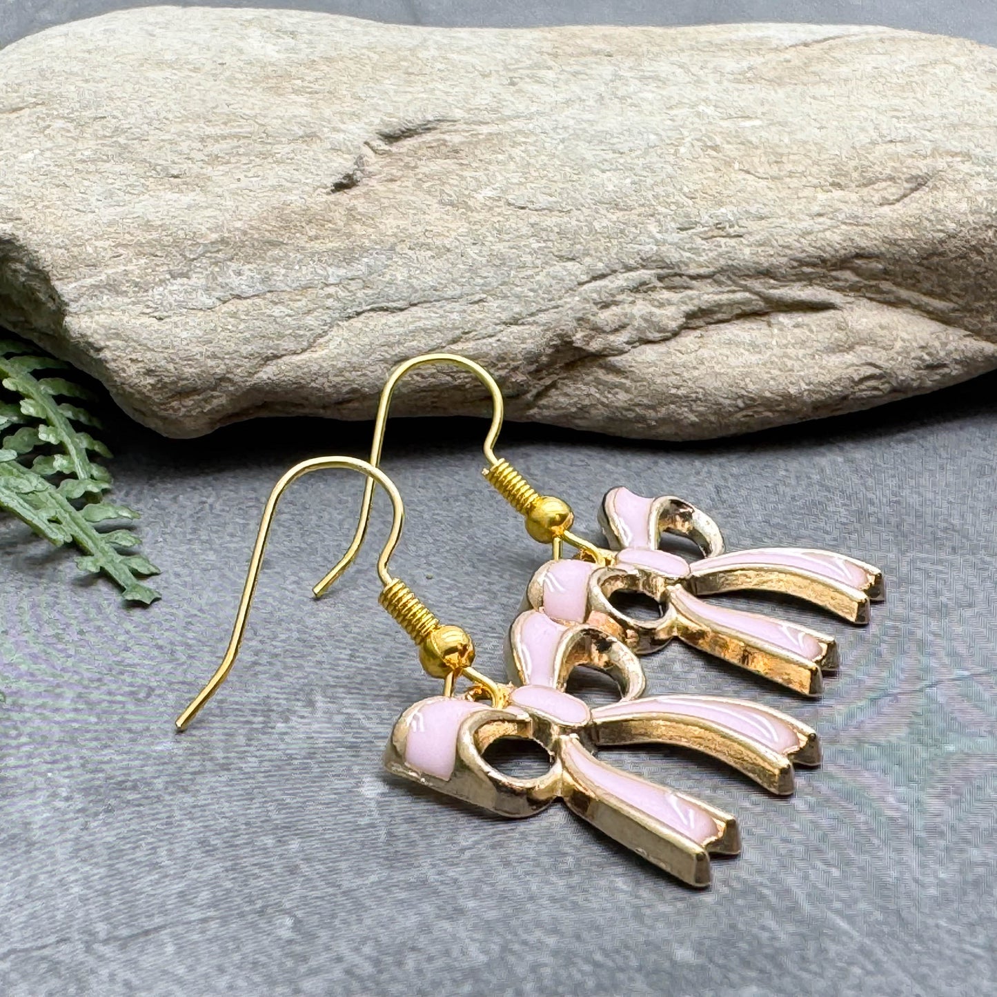 Baby Pink Bow Earrings Gold Plated Enamel Rosette Charms