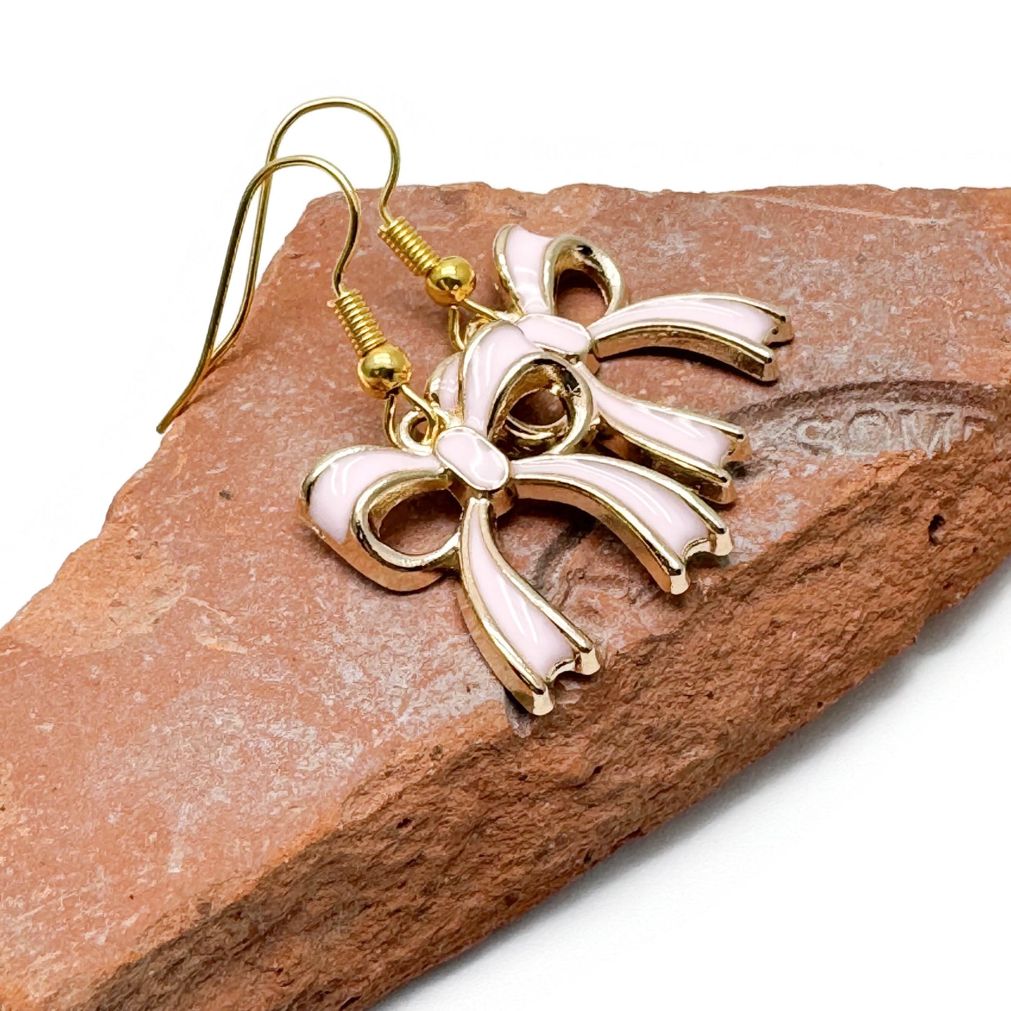 Baby Pink Bow Earrings Gold Plated Enamel Rosette Charms
