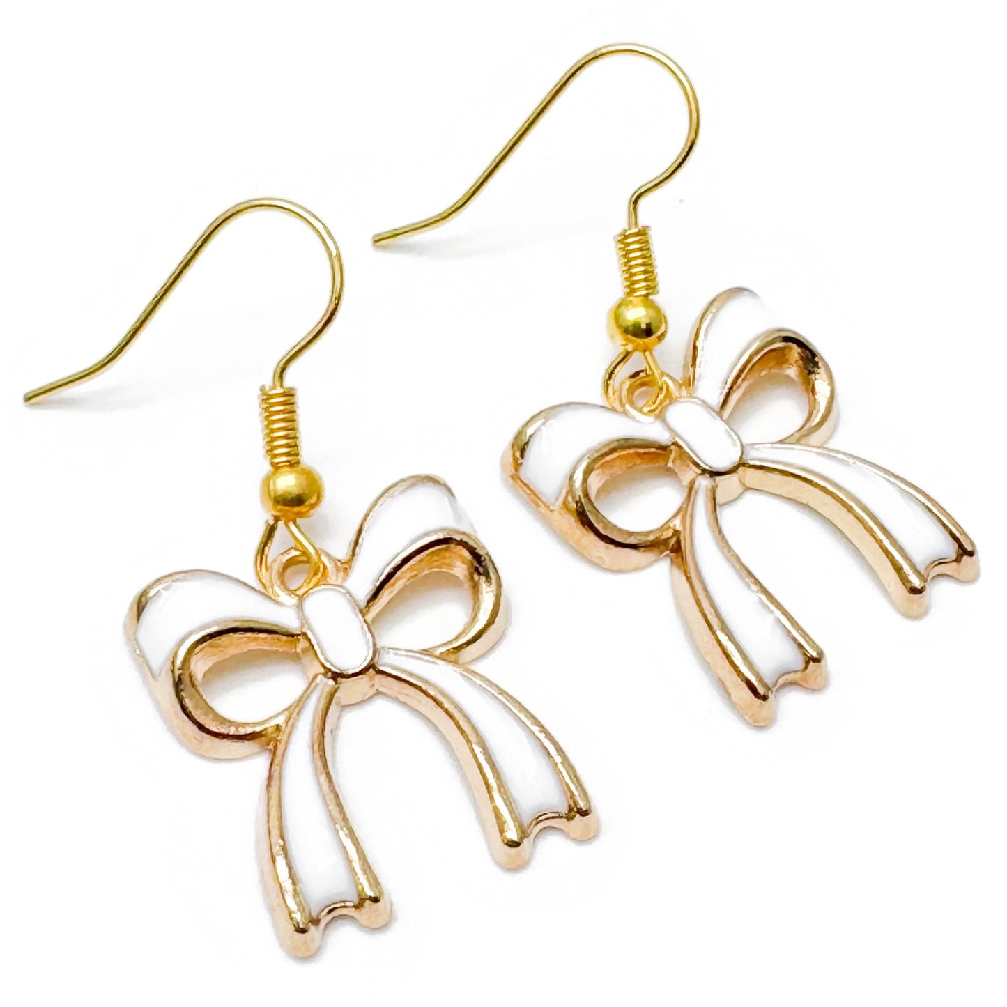 White Bow Earrings Gold Plated Enamel Rosette Charms