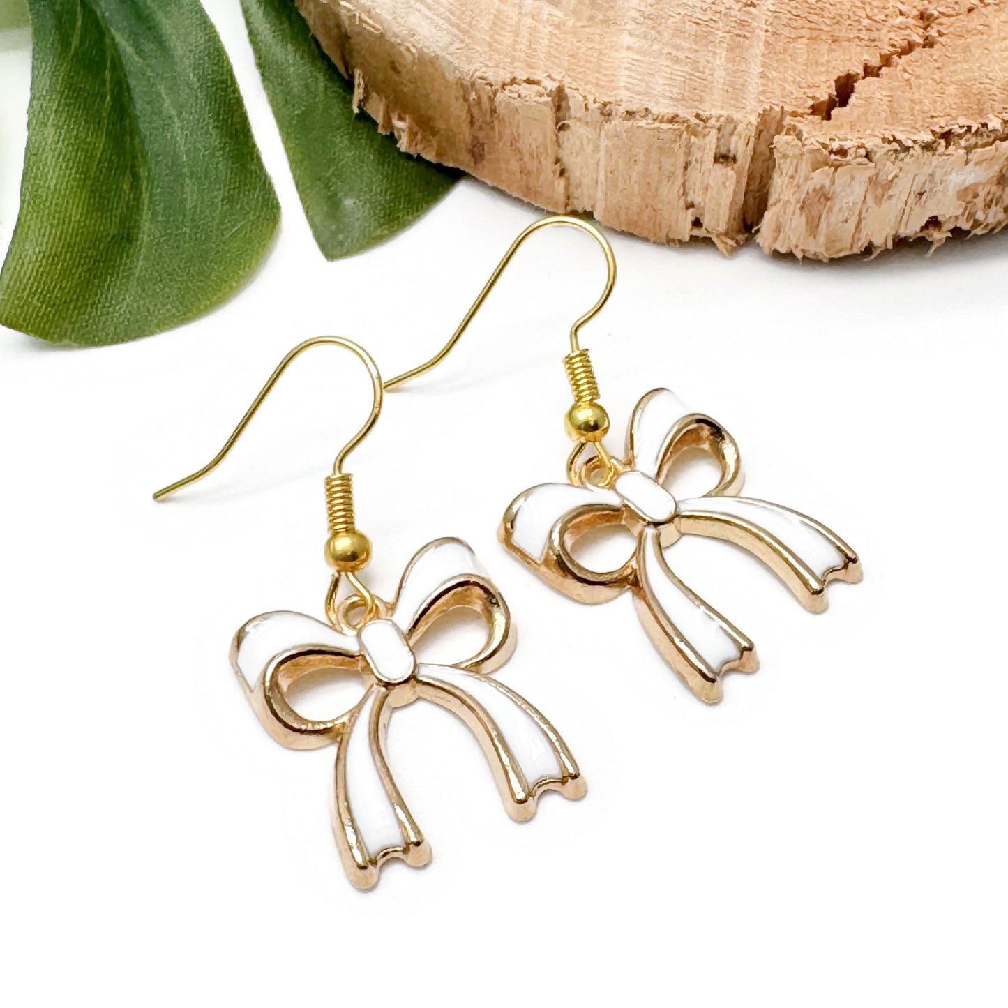 White Bow Earrings Gold Plated Enamel Rosette Charms