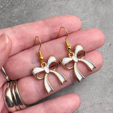 White Bow Earrings Gold Plated Enamel Rosette Charms